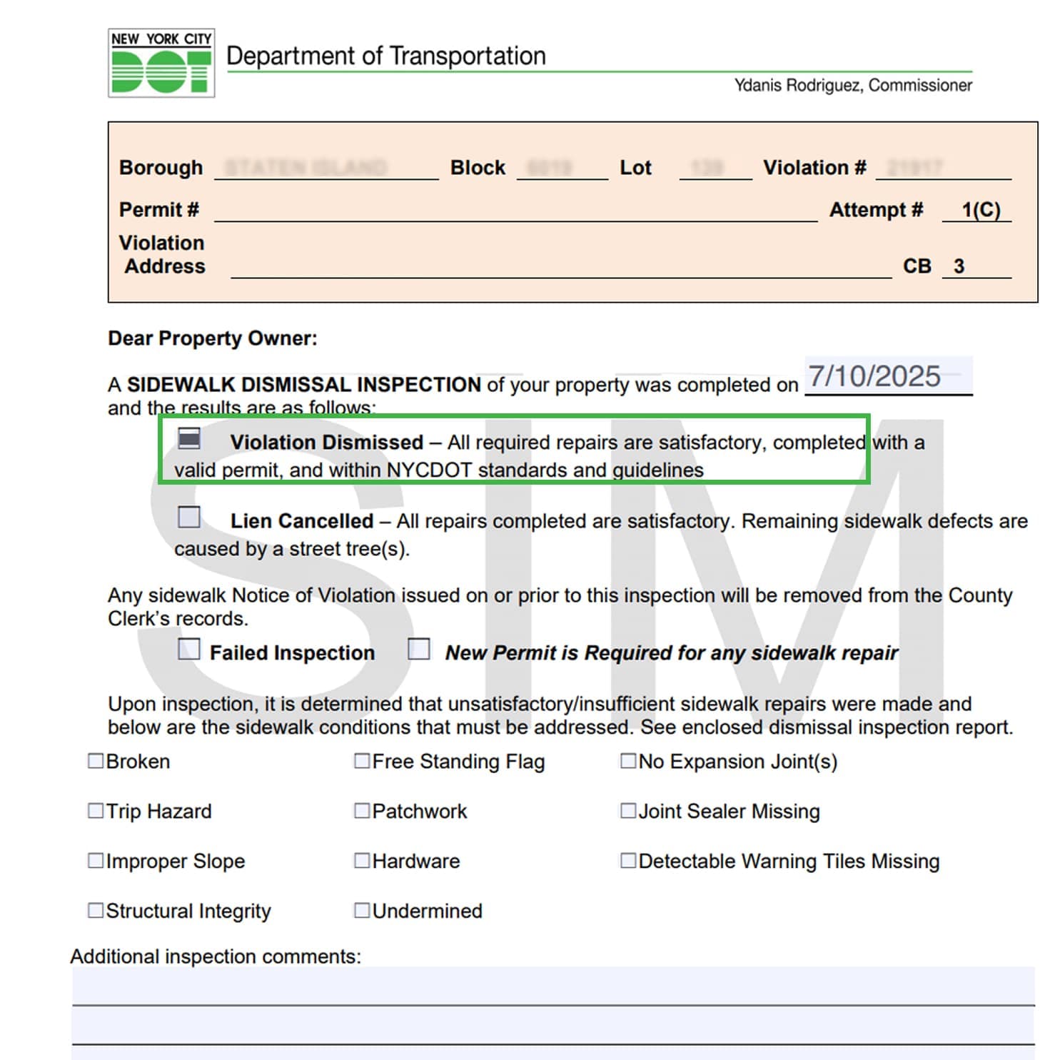 NYC DOT sidewalk dismissal inspection report