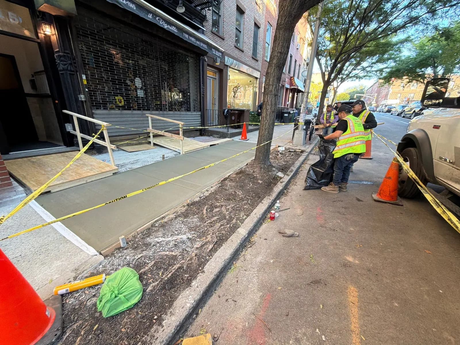 Commercial landmark-area sidewalk restoration work site